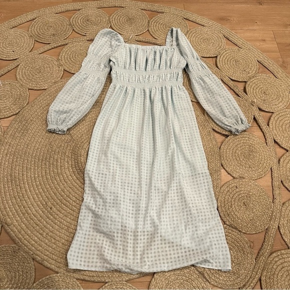Dresses & Skirts - Gingham Puff Long Sleeve Square Neck smocked Midi Dress sky Blue Womens Large